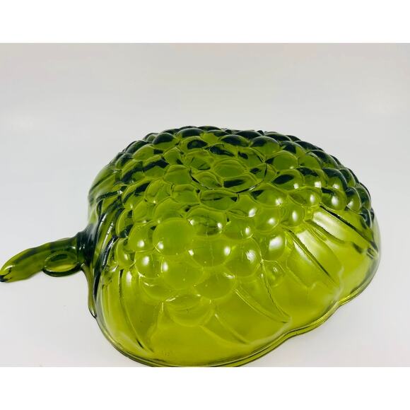 Vintage Green Pressed Glass Grape Leaf Serving Bowl with Handle – Avocado Green - Picture 3 of 3